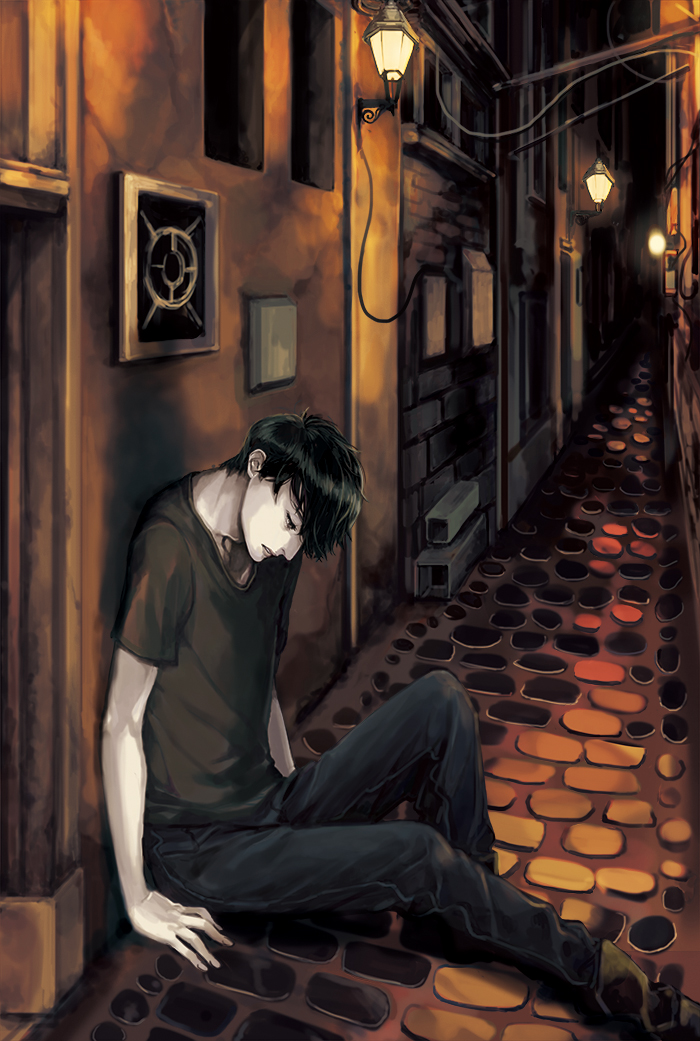 1boy, alley, bad_id, bad_pixiv_id, black_hair, black_pants, cia0_cia, door