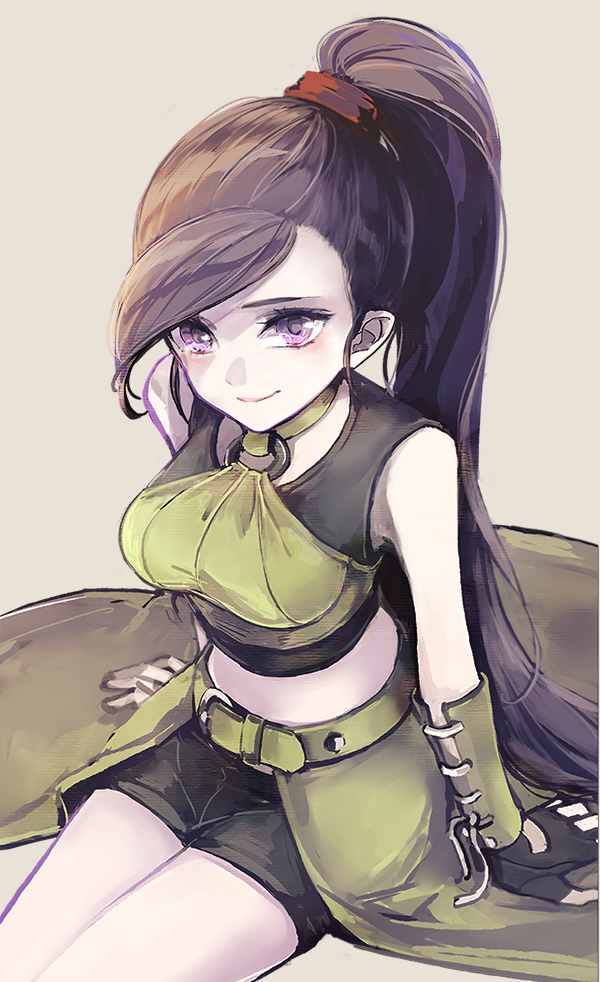 1girl, belt, black_gloves, black_shorts, breasts, cia0_cia, dragon_quest, dragon_quest_xi, female_focus, fingerless_gloves, gloves, green_skirt, large_breasts, long_hair, looking_at_viewer, martina_(dq11), midriff, o-ring, ponytail, purple_eyes, short_shorts, shorts, sitting, skirt, smile, solo, very_long_hair