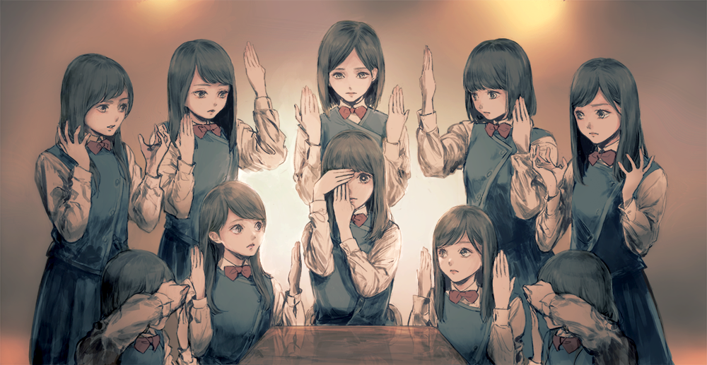 6+girls, black_hair, black_skirt, blunt_bangs, brown_hair, cia0_cia, covering_own_eyes, grey_eyes