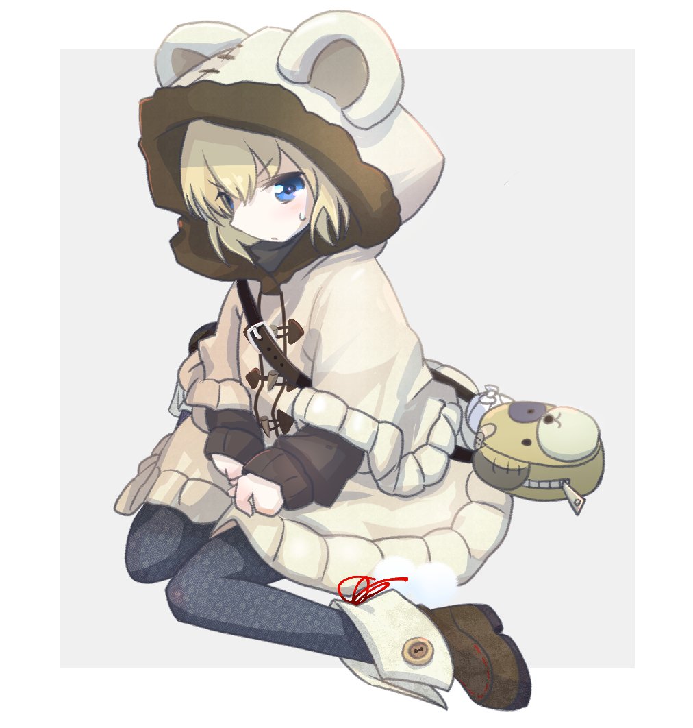 10s, 1girl, animal_hood, bag, bear_hood, black_pantyhose, black_sweater, blonde_hair