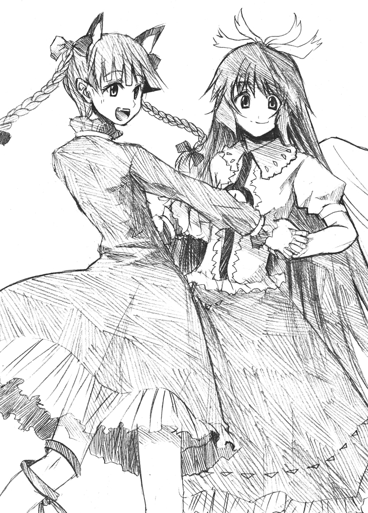 2girls, animal_ears, braid, cat_ears, cat_girl, female_focus, greyscale, kaenbyou_rin