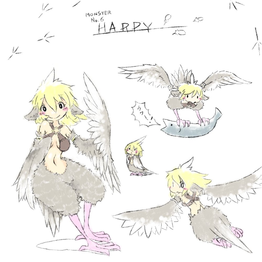 1girl, asimofu, blonde_hair, blush, reference_sheet, feathered_wings, feathers, female_focus, flying, harpy, midriff, monster_girl, navel, original, smile, wings