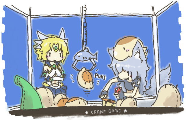 2girls, animal_ears, asimofu, blonde_hair, crane_game, female_focus, kyu_(creature), milia