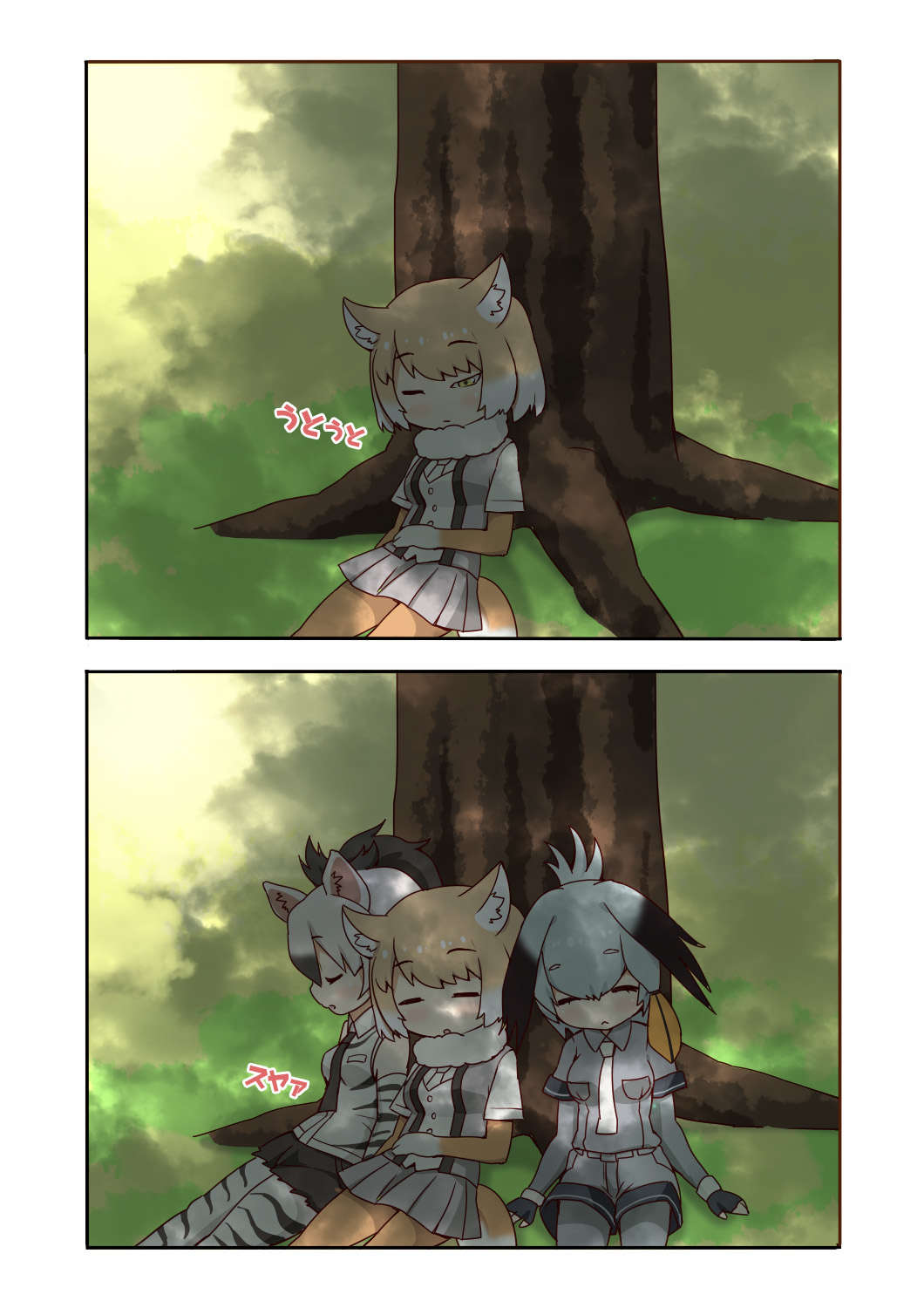 10s, 2koma, 3girls, aardwolf_(kemono_friends), animal_ears, arm_rest, arms_at_sides, bad_id
