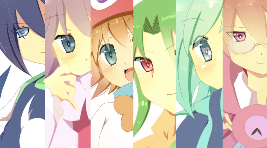 2girls, 4boys, amitie_(puyopuyo), aqua_eyes, aqua_hair, black_hair, black_sig, blue_eyes