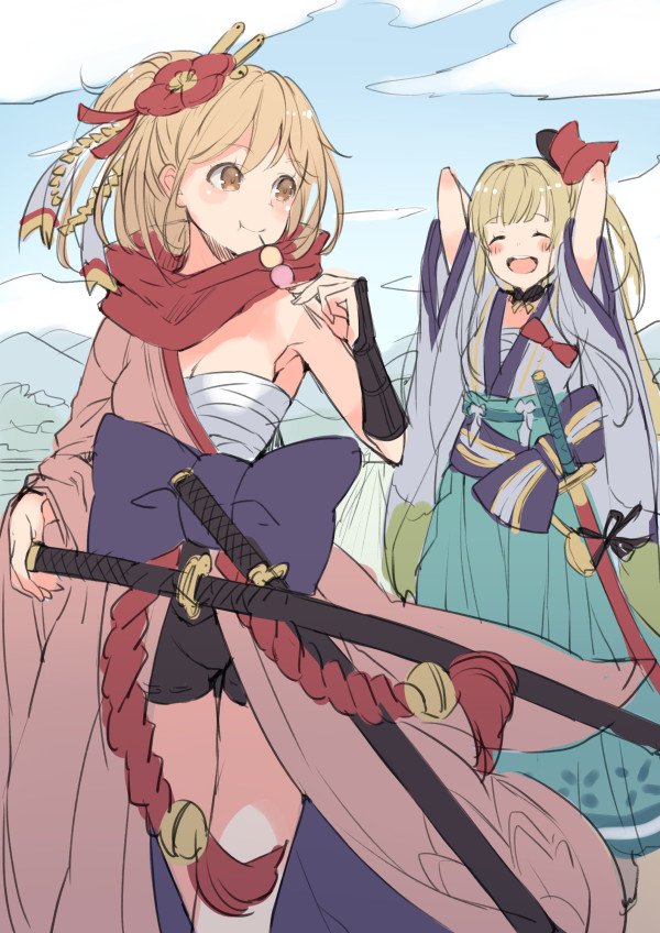 2girls, bike_shorts, blonde_hair, dango, djeeta_(granblue_fantasy), flower, food, granblue_fantasy