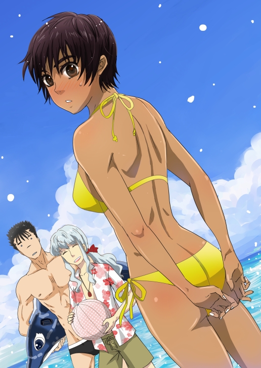 1girl, 2boys, :d, arms_behind_back, ass, bad_id, bad_pixiv_id, berserk, bikini, black_hair, blue_sky, blush, breasts, brown_eyes, butt_crack, casca_(berserk), cloud, collarbone, contemporary, cowboy_shot, dark_skin, day, dutch_angle, floral_print, griffith_(berserk), guts_(berserk), hair_ribbon, jewelry, long_hair, looking_back, medium_breasts, multiple_boys, necklace, ocean, open_clothes, open_mouth, open_shirt, otowe, outdoors, ponytail, red_ribbon, ribbon, shiny_skin, shirt, short_hair, shorts, silver_hair, sky, smile, sweatdrop, swimsuit, yellow_bikini