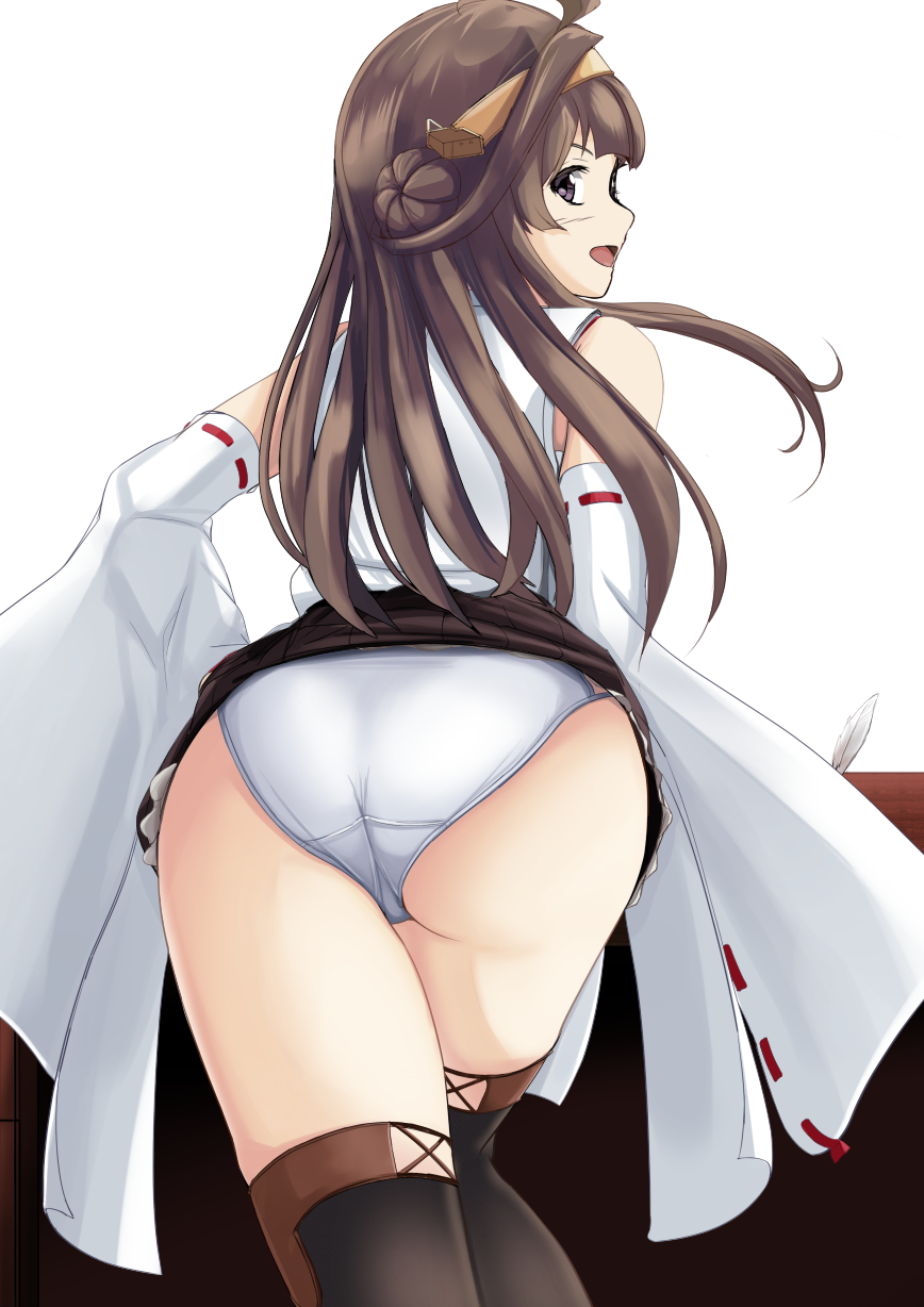 1girl, ass, boots, brown_eyes, brown_hair, desk, detached_sleeves, double_bun