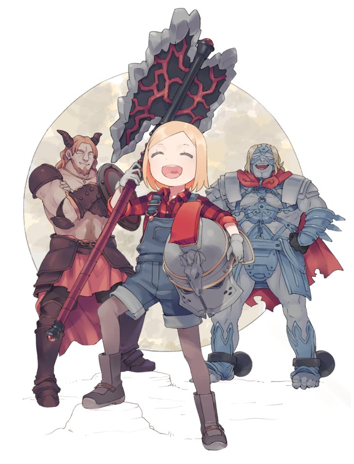 1girl, 2boys, armor, axe, battle_axe, beard, blonde_hair, brown_hair