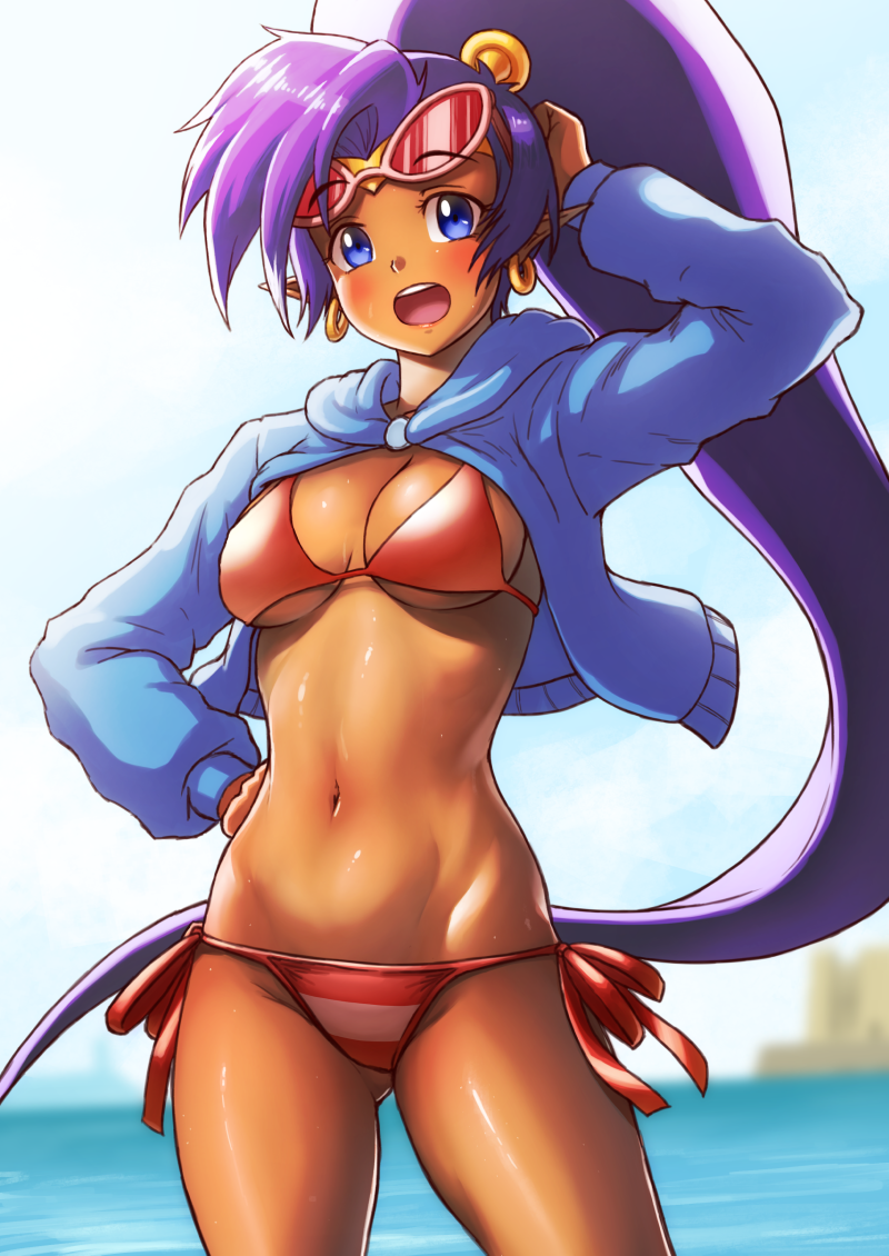1girl, beach, beach_day_shantae, bikini, blue_eyes, blush, breasts, dark-skinned_female, dark_skin, day, earrings, eyewear_on_head, female_focus, finalcake, forehead_protector, groin, hand_on_own_hip, hood, hoodie, hoop_earrings, jewelry, long_hair, long_sleeves, medium_breasts, navel, open_clothes, open_mouth, purple_hair, red_bikini, shantae, shantae_(series), shiny_skin, side-tie_bikini_bottom, solo, standing, summer, sunglasses, swimsuit, underboob, very_long_hair