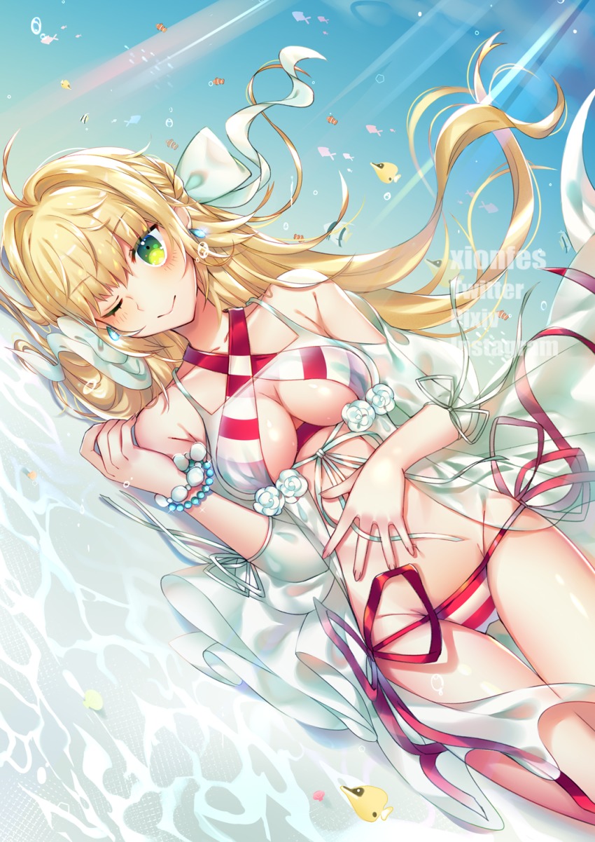 10s, 1girl, ;>, artist_name, bikini, blonde_hair, bow, bracelet