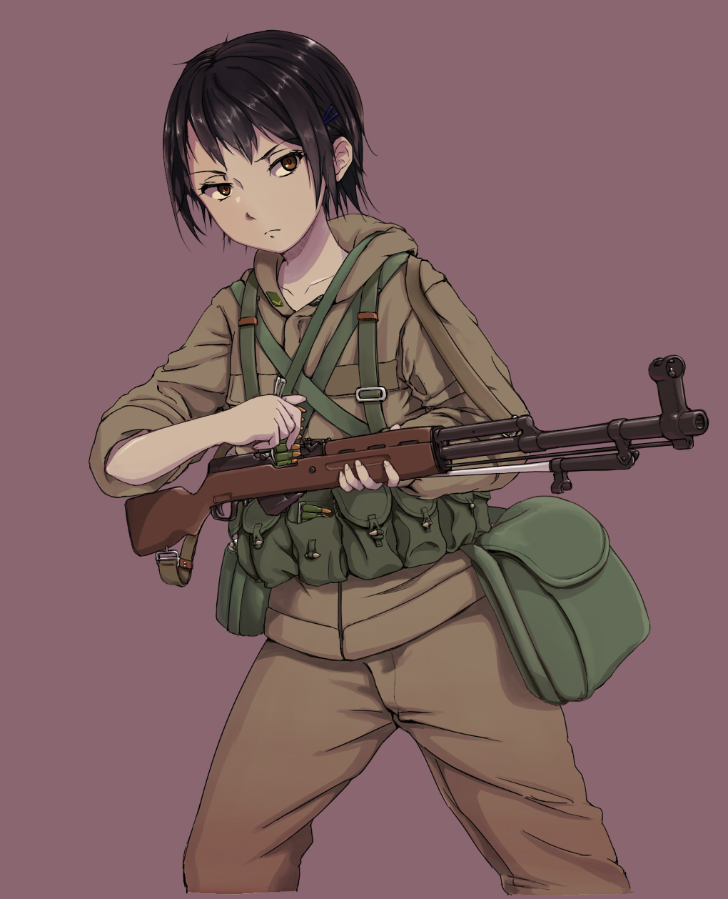 1girl, ammunition, bayonet, black_hair, brown_eyes, clip_(weapon), cropped_legs, dark-skinned_female