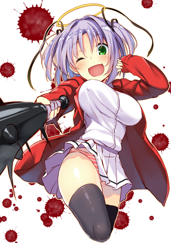 1girl, blood, blood_splatter, bokusatsu_tenshi_dokuro-chan, clothes_lift, commentary_request, dodome-iro_mayonnaise, excalibolg