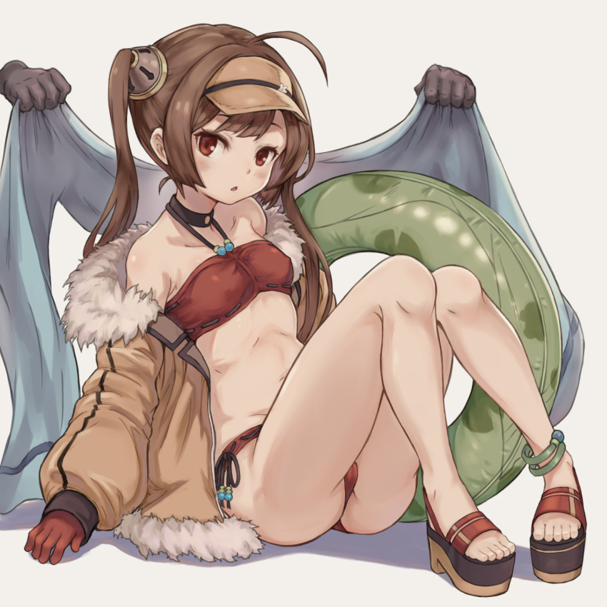 1girl, ahoge, azur_lane, bare_shoulders, bikini, black_footwear, blush, breasts, brown_background, brown_hair, collarbone, disembodied_hand, fur-trimmed_jacket, fur_trim, gloves, hairpods, halterneck, highres, holding, holding_towel, jacket, kintsuba_(garapagosukkk), long_hair, long_sleeves, looking_at_viewer, off_shoulder, open_clothes, open_jacket, parted_lips, ping_hai_(azur_lane), ping_hai_(summer_vacation)_(azur_lane), platform_footwear, platform_heels, puffy_long_sleeves, puffy_sleeves, red_bikini, red_eyes, red_gloves, ribbon-trimmed_bikini, ribbon_trim, sidelocks, simple_background, sitting, sleeves_past_wrists, small_breasts, solo_focus, swimsuit, toenails, towel, twintails, very_long_hair, visor_cap, white_background, yellow_jacket