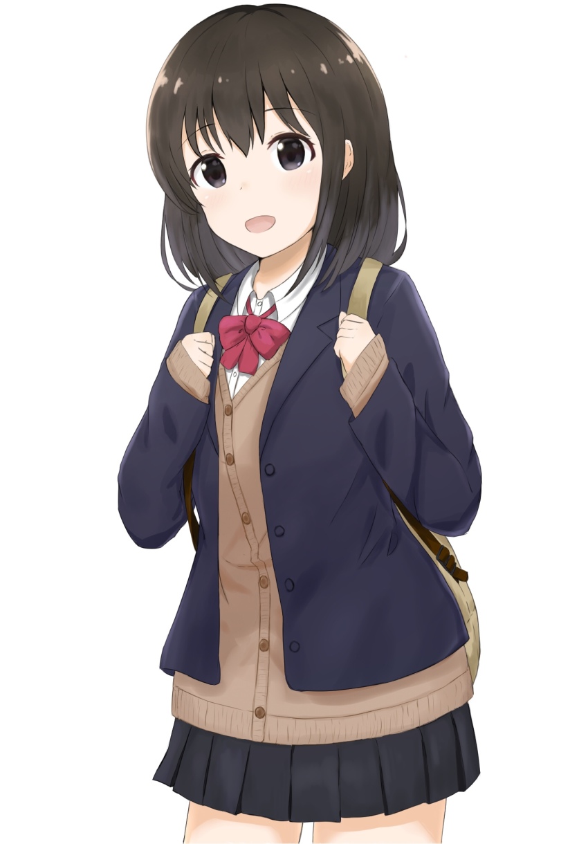 1girl, :o, backpack, bag, black_eyes, black_skirt, bow, brown_hair