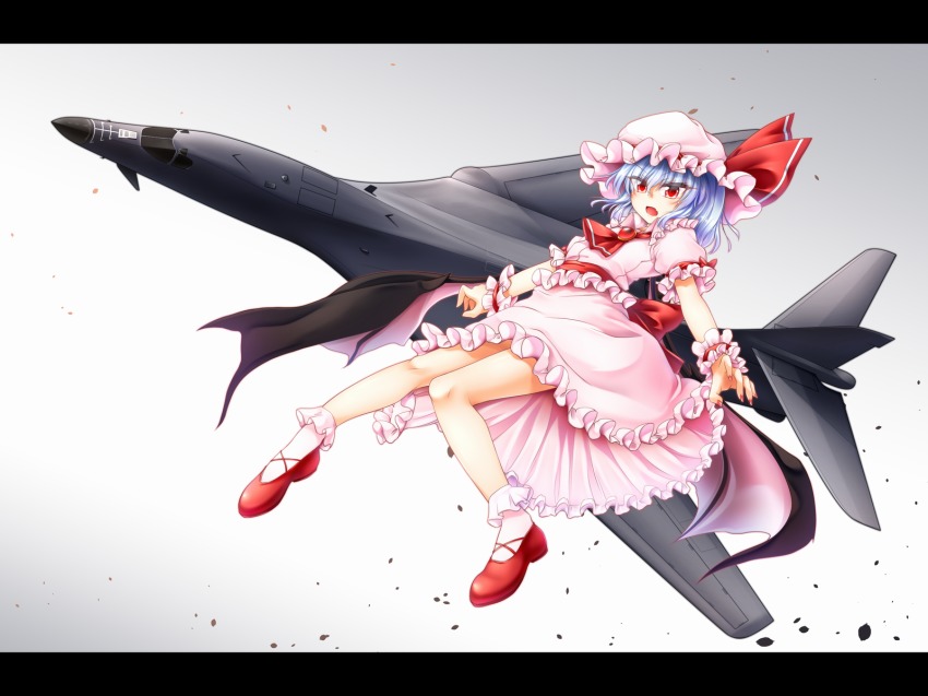 1girl, aircraft, airplane, ascot, b-1_lancer, bat_wings, blouse, blue_hair