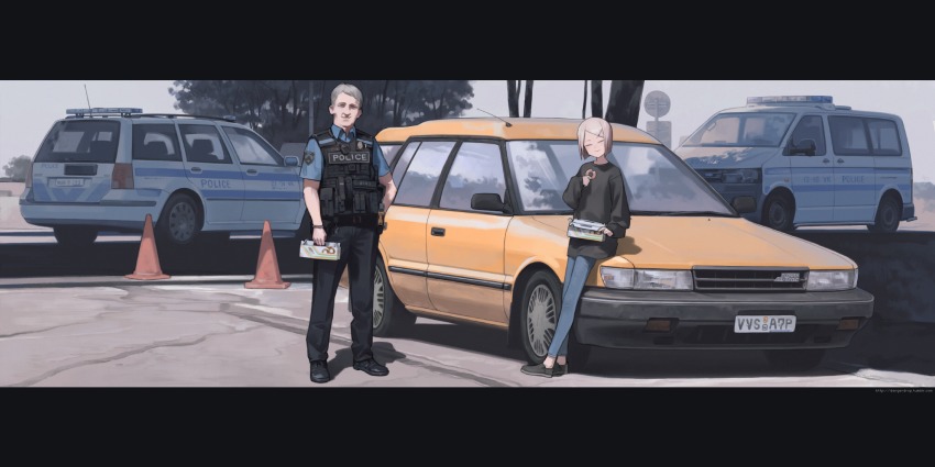 1boy, 1girl, astg, black_footwear, black_pants, black_shirt, black_vest, blue_pants