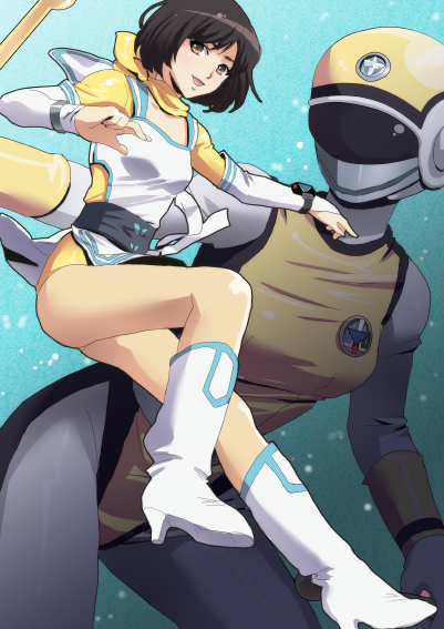 1girl, animification, ascot, ass, black_hair, bodysuit, boots, breasts, brown_eyes, choushinsei_flashman, chousinsei_flashman, elbow_gloves, gloves, helmet, izumi_rion, leotard, sara_(flashman), short_hair, super_sentai, tokusatsu, watch, wristwatch, yellow_flash