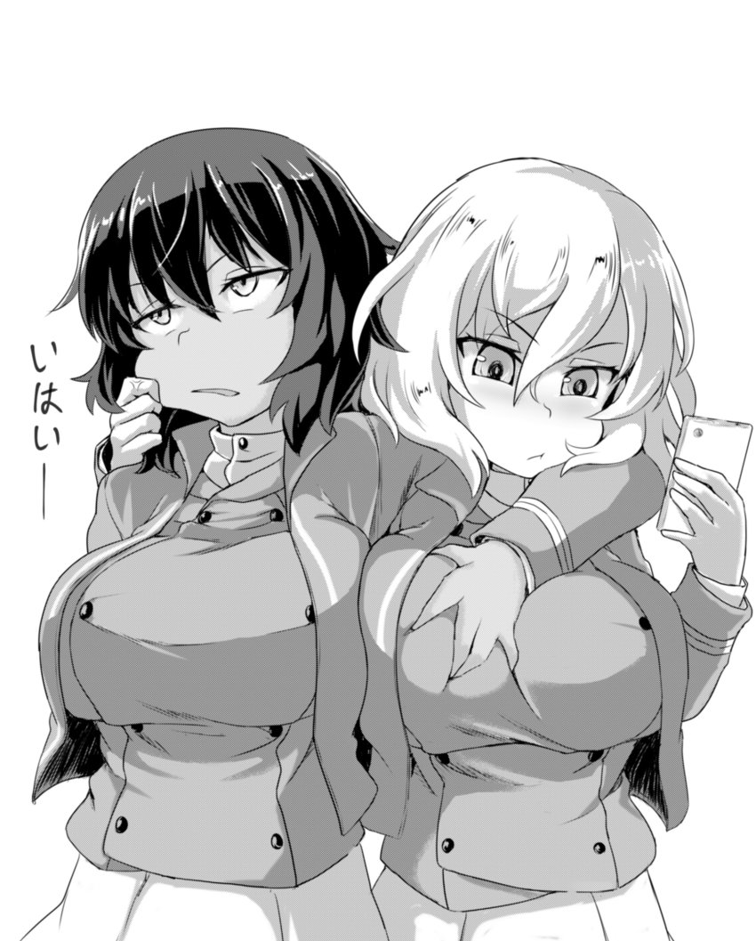 10s, 2girls, absurdres, andou_(girls_und_panzer), angry, arm_around_neck, bc_freedom_military_uniform, breasts