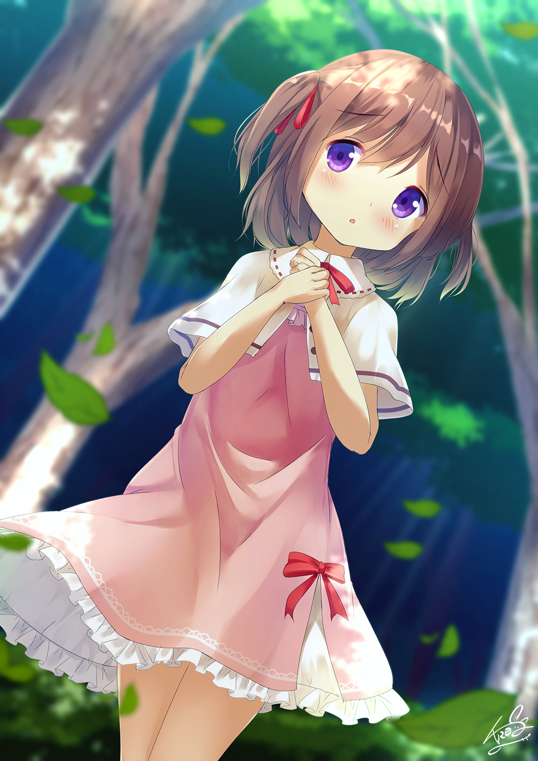 1girl, bad_id, bad_pixiv_id, blurry, blurry_background, blush, brown_hair, capelet, chinomaron, commentary_request, day, depth_of_field, dress, dutch_angle, female_focus, flower_knight_girl, forest, hair_between_eyes, hands_up, highres, leaf, long_hair, nature, outdoors, own_hands_together, parted_lips, pink_dress, purple_eyes, red_neckwear, signature, solo, tree, tsutsuji_(flower_knight_girl), two_side_up, white_capelet