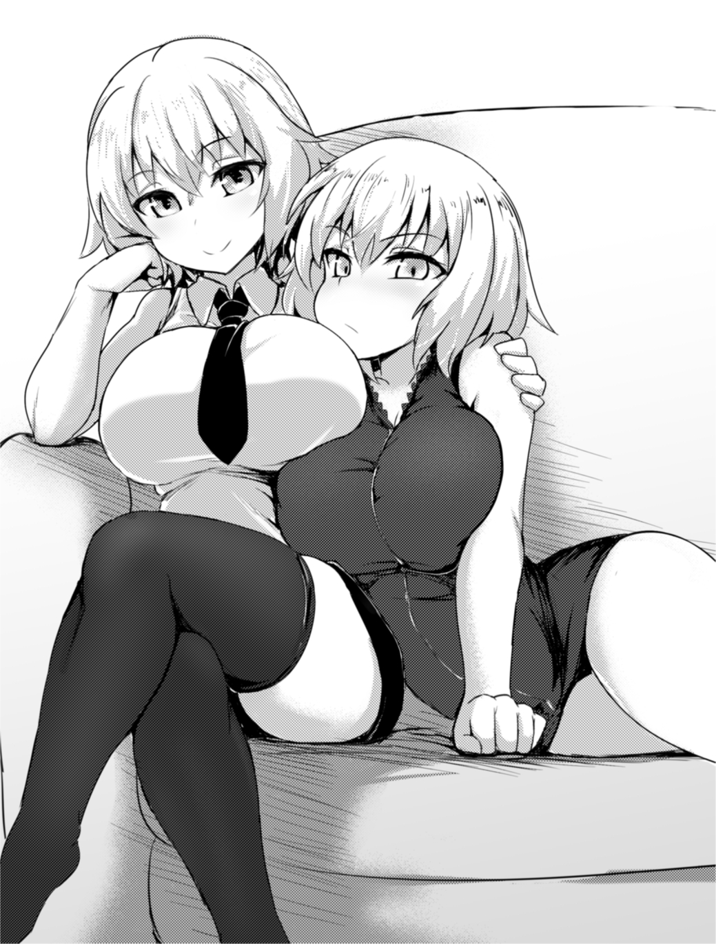 2girls, arm_around_shoulder, arm_support, breasts, closed_mouth, collared_shirt, commentary, couch