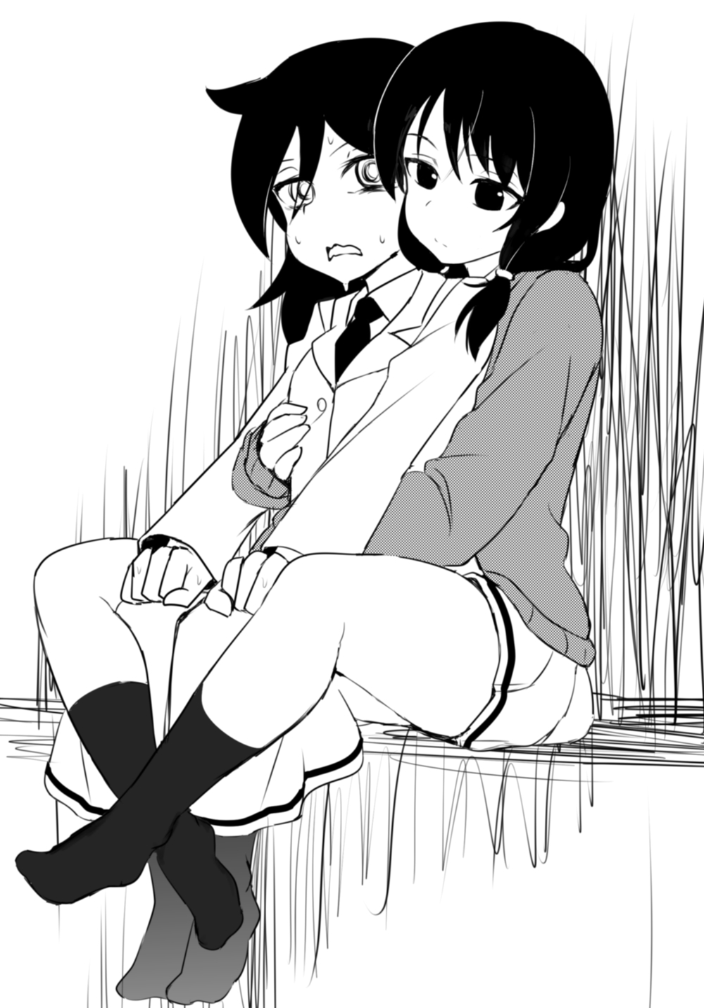 2girls, bags_under_eyes, cardigan, closed_mouth, commentary, frown, full_body, greyscale