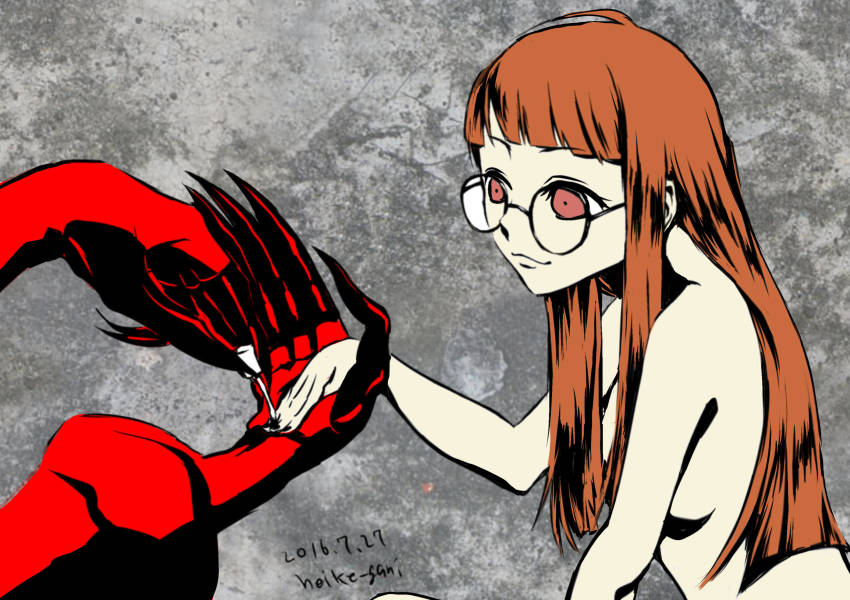 10s, 1girl, 2016, absurdres, black-framed_eyewear, black_nails, blunt_bangs, breasts