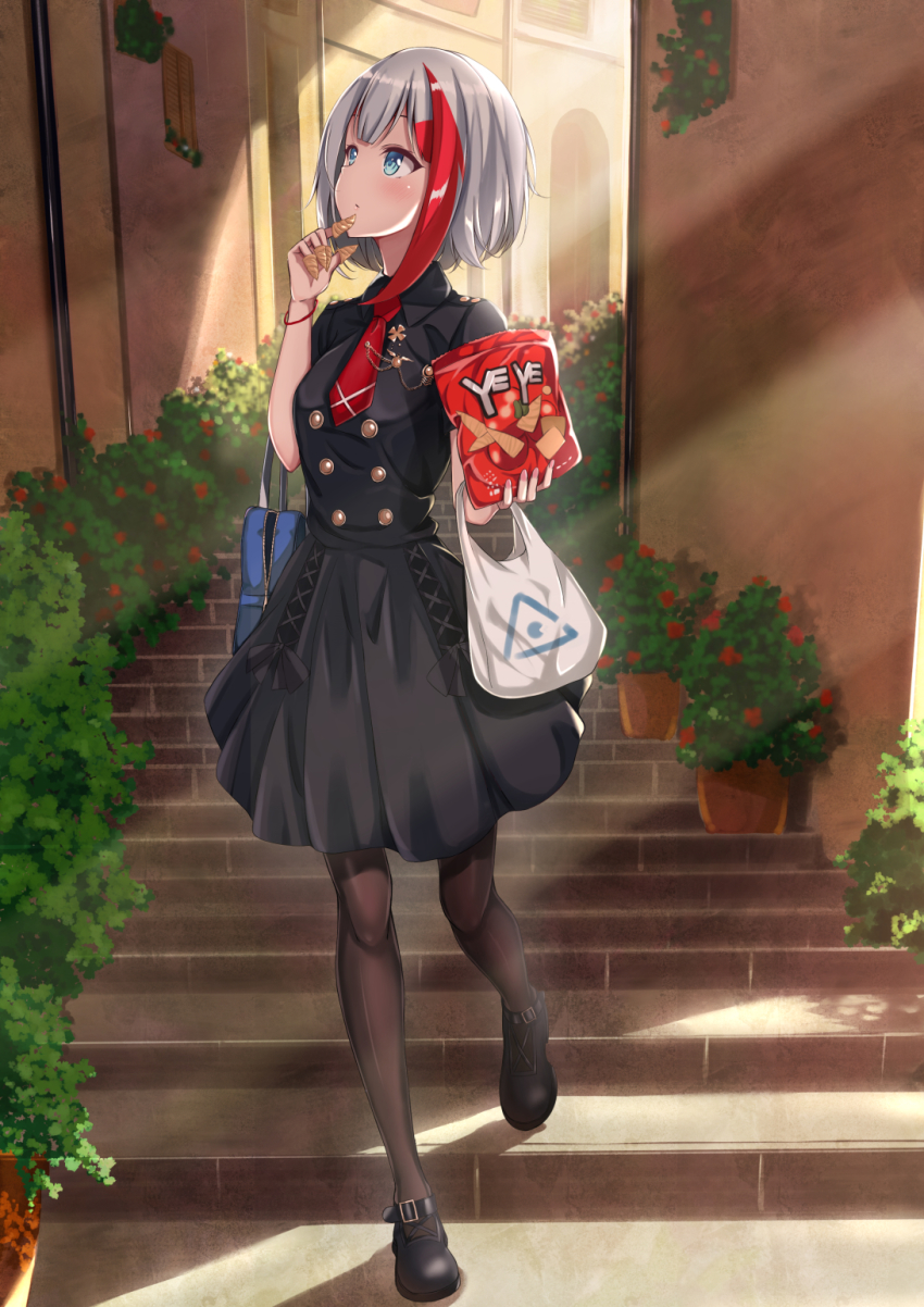 1girl, admiral_graf_spee_(azur_lane), admiral_graf_spee_(girl's_sunday)_(azur_lane), azur_lane, bag, bag_of_chips, black_dress, black_pantyhose, black_shoes, blue_eyes, blush, bugles, bugles_(food), bugles_on_fingers, claws, dress, elbow_carry, female_focus, finger_to_own_chin, food_on_hand, grocery_bag, handbag, highres, looking_to_the_side, looking_up, multicolored_hair, necktie, pantyhose, plant, potted_plant, red_hair, red_necktie, rurukuru, shoes, shopping_bag, short_hair, short_necktie, silver_hair, solo, stairs, streaked_hair, two-tone_hair