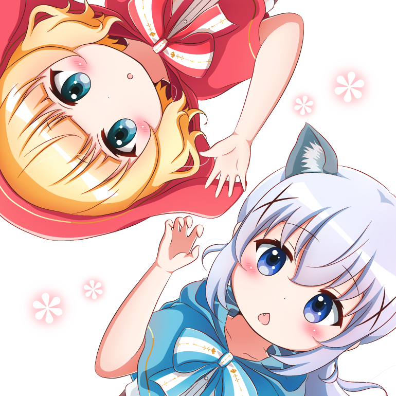 2girls, animal_ears, arm_up, big_bad_wolf, big_bad_wolf_(cosplay), blonde_hair, blue_capelet, blue_eyes