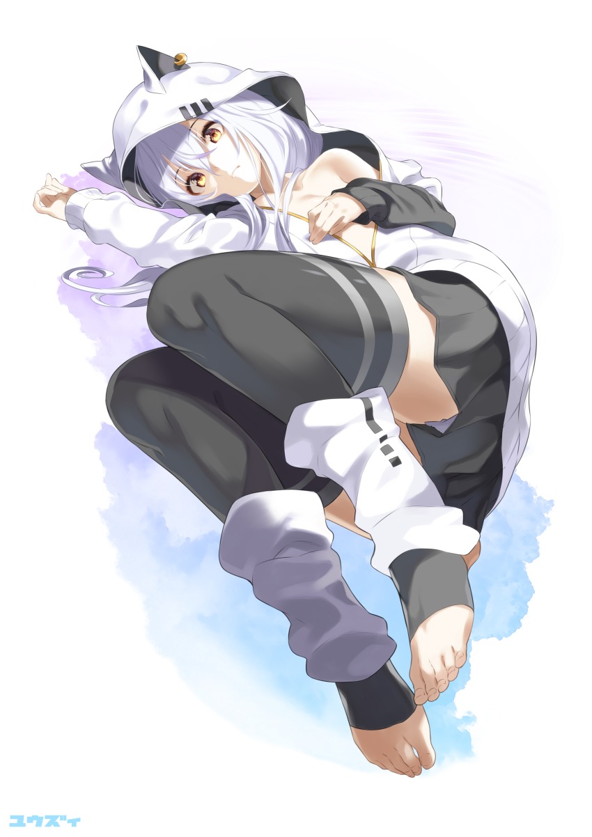 1girl, absurdres, animal_ears, animal_hood, azuma_lim, bare_shoulders, black_skirt, black_thighhighs