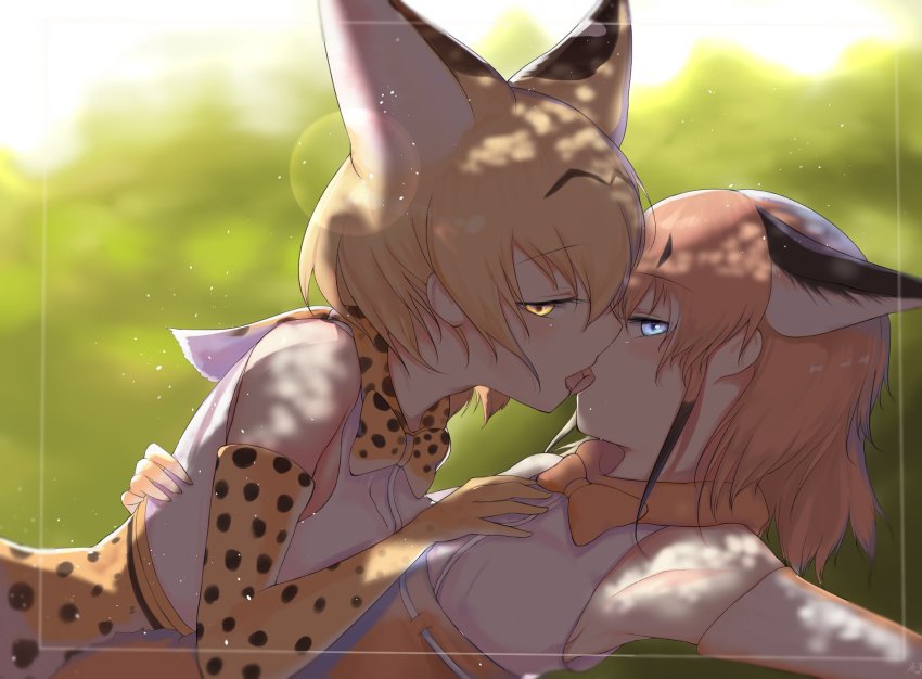 10s, 2girls, animal_ears, animal_print, backlighting, bad_id, bad_twitter_id, blonde_hair, blue_eyes, blurry, bow, bowtie, brown_hair, caracal_(kemono_friends), dappled_sunlight, day, depth_of_field, elbow_gloves, extra_ears, french_kiss, gloves, glowing, groping, hand_on_another's_back, hand_on_another's_chest, highres, kemono_friends, kiss, lens_flare, looking_at_viewer, multiple_girls, outdoors, print_gloves, print_neckwear, serval_(kemono_friends), shade, shirt, short_hair, sleeveless, sleeveless_shirt, sunlight, svelgr_(hre), tongue, tongue_out, traditional_bowtie, two-tone_bow, two-tone_bowtie, yellow_eyes, yellow_gloves, yellow_neckwear, yuri