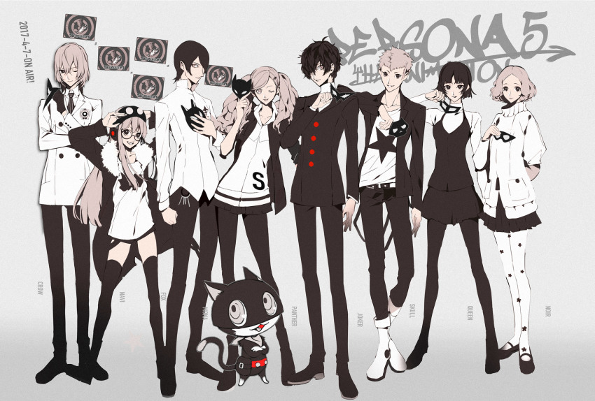 10s, 4boys, 4girls, akechi_gorou, amamiya_ren, animal_ears, arm_behind_back, bad_id