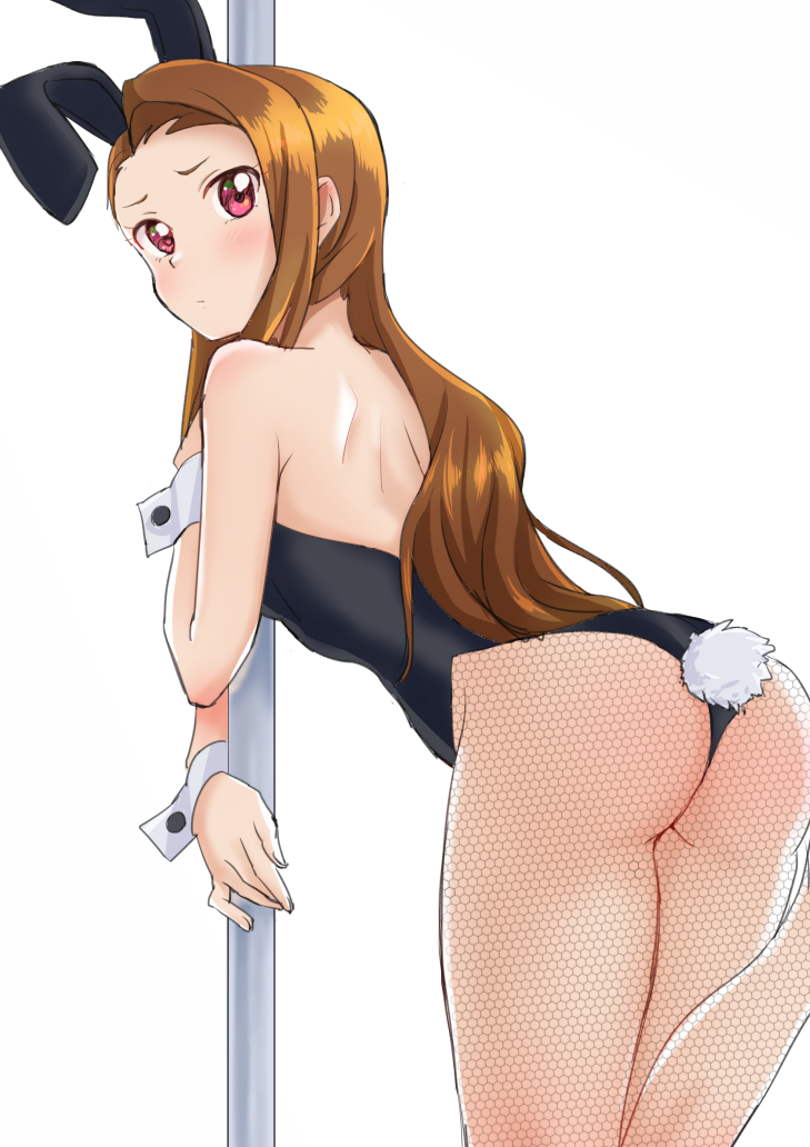 1girl, animal_ears, ass, black_leotard, brown_hair, fake_animal_ears, female_focus, fishnet_pantyhose, fishnets, from_behind, idolmaster, idolmaster_(classic), idolmaster_2, leotard, long_hair, looking_back, minase_iori, pantyhose, playboy_bunny, pole, rabbit_ears, rabbit_girl, rabbit_tail, red_eyes, solo, strapless, strapless_leotard, tail, tsuntsun_(oekaki972), wrist_cuffs