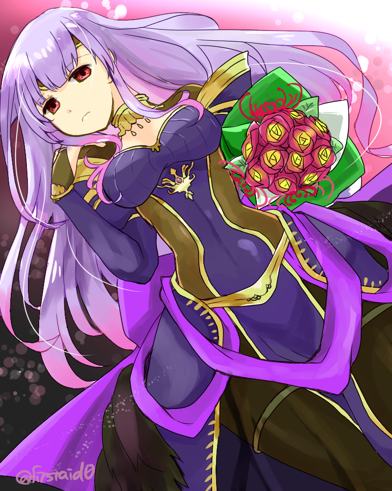 1girl, alternate_costume, bodysuit, bouquet, bridal_gauntlets, bride, circlet, corruption, cosplay, dark_bride, dark_persona, dress, female_focus, fire_emblem, fire_emblem:_genealogy_of_the_holy_war, fire_emblem_awakening, fire_emblem_heroes, flower, julia_(fire_emblem), light_purple_hair, long_hair, loptous_(fire_emblem), nintendo, possessed, possession, red_eyes, solo, tharja_(fire_emblem), tharja_(fire_emblem)_(cosplay), tharja_(obsessive_bride)_(fire_emblem), wedding_dress, yukia_(firstaid0)