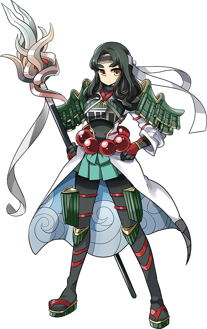 1girl, armor, artist_request, beads, black_pantyhose, female_focus, full_body, green_hair, hachimaki, hand_on_own_hip, headband, holding, holding_polearm, holding_spear, holding_weapon, long_hair, nanao_(oshiro_project), official_art, oshiro_project:re, pantyhose, polearm, prayer_beads, solo, spear, thick_eyebrows, transparent_background, weapon, yellow_eyes