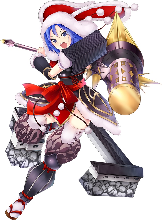 1girl, ass, black_panties, blue_hair, blush, female_focus, from_behind, full_body, hair_between_eyes, hammer, holding, holding_hammer, holding_weapon, looking_at_viewer, official_art, oshiro_project:re, panties, solo, taicho128, thighhighs, torn_clothes, torn_thighhighs, transparent_background, tsu_(oshiro_project), underwear, weapon