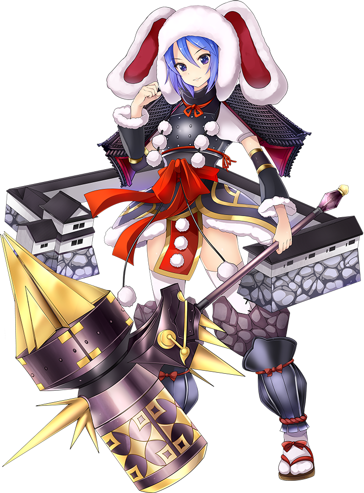 1girl, armor, blue_hair, breastplate, clenched_hand, convenient_censoring, female_focus, full_body, fur_trim, hair_between_eyes, hammer, holding, holding_hammer, holding_weapon, looking_at_viewer, looking_down, official_art, oshiro_project:re, purple_eyes, sandals, smile, solo, standing, taicho128, thighhighs, transparent_background, tsu_(oshiro_project), weapon, white_thighhighs, zettai_ryouiki