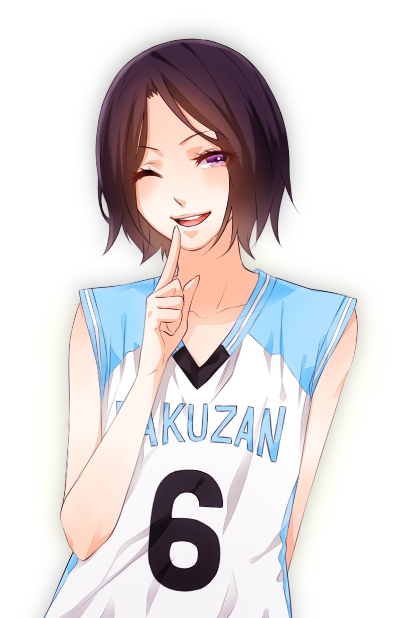1boy, androgynous, basketball_uniform, blue_eyes, highres, jersey, kuroko_no_basuke, looking_at_viewer, male_focus, mibuchi_reo, one_eye_closed, open_mouth, purple_eyes, purple_hair, simple_background, smile, solo, sportswear, tinkasuzamurai, white_background