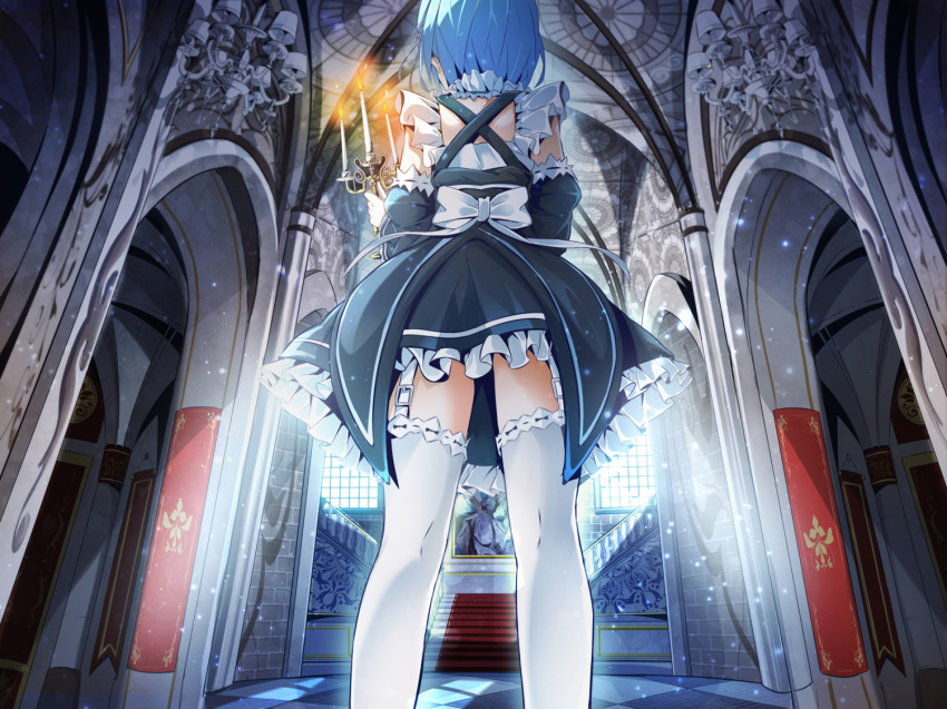 10s, 1girl, back_bow, black_skirt, blue_hair, bow, candle, detached_sleeves