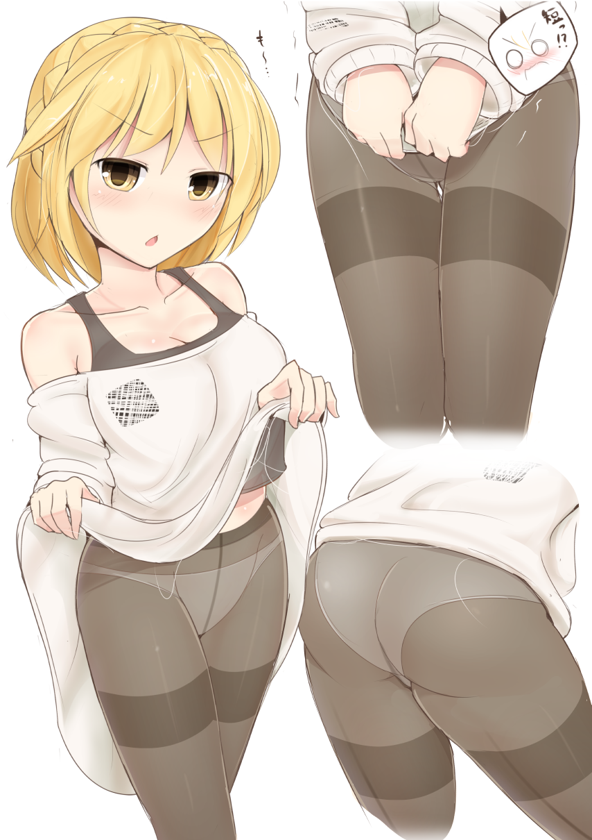 1girl, ass, bemani, black_pantyhose, blonde_hair, blush, braid, breasts, camisole, clothes_lift, collarbone, covering_crotch, covering_privates, crown_braid, dress, furrowed_brow, head_tilt, highres, jakko, knit_(jubeat), large_breasts, long_sleeves, looking_at_viewer, motion_lines, multiple_views, no_nose, no_pants, nose_blush, o_o, panties, panties_under_pantyhose, pantyhose, parted_lips, pop'n_music, sweater, sweater_dress, sweater_lift, thighband_pantyhose, trembling, underwear, white_background, yellow_eyes
