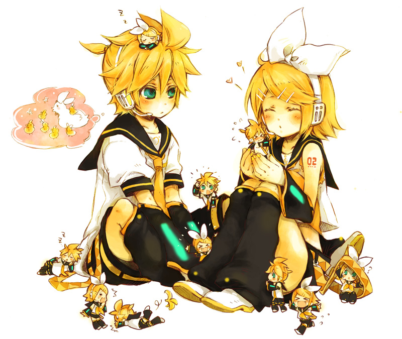 1boy, 1girl, blush, brother_and_sister, happy, kagamine_len, kagamine_rin, mini_person