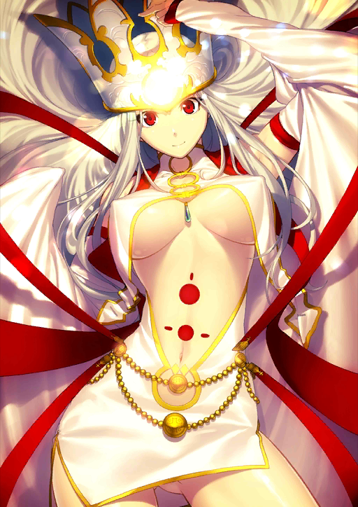 1girl, arm_up, between_breasts, breasts, breasts_apart, bridal_gauntlets, character_cutout, closed_mouth