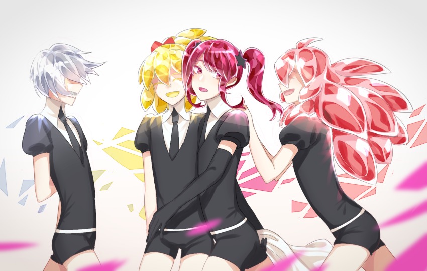4others, ahoge, androgynous, blonde_hair, colored_eyelashes, elbow_gloves, closed_eyes, gem_uniform_(houseki_no_kuni), gloves, goshenite_(houseki_no_kuni), hair_ribbon, hand_on_another's_shoulder, heliodor_(houseki_no_kuni), highres, houseki_no_kuni, long_hair, morganite_(houseki_no_kuni), multiple_others, necktie, open_mouth, pink_hair, red_beryl_(houseki_no_kuni), red_eyes, red_hair, ribbon, short_hair, smile, spoilers, twintails, white_hair