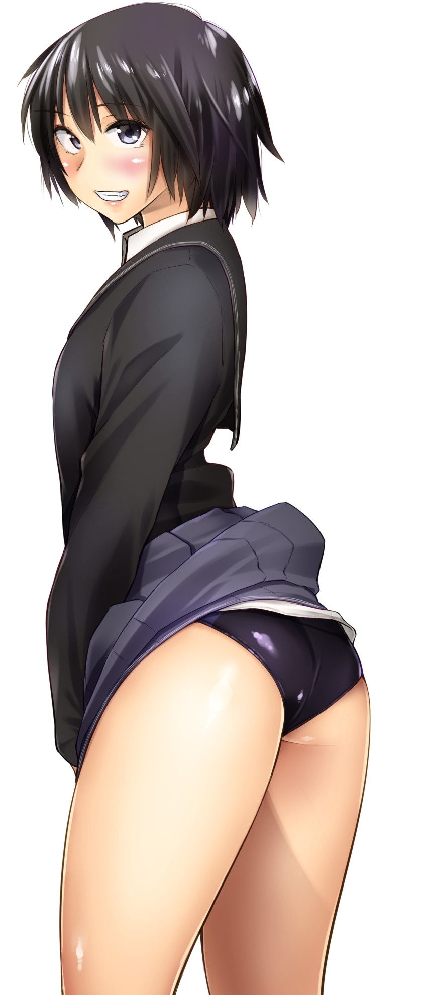 1girl, absurdres, amagami, ass, black_eyes, black_hair, black_jacket, black_one-piece_swimsuit, blazer, blush, clothes_lift, competition_swimsuit, eisuke_(gobangai_hole_boys), from_side, grey_skirt, grin, hair_between_eyes, highres, jacket, kibito_high_school_uniform, long_sleeves, looking_at_viewer, miniskirt, nanasaki_ai, one-piece_swimsuit, school_uniform, short_hair, simple_background, skirt, skirt_lift, smile, swimsuit, swimsuit_under_clothes, white_background