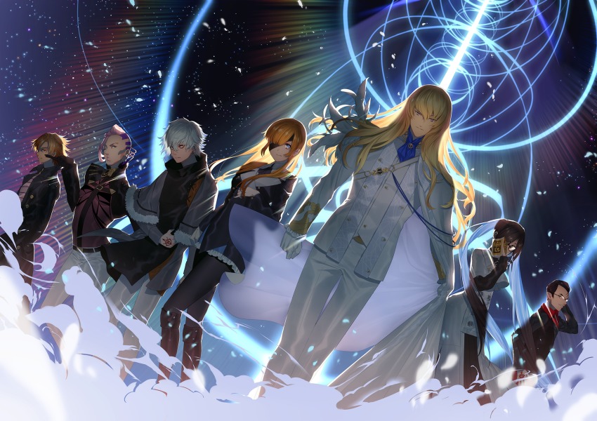 2girls, 5boys, akuta_hinako, arm_up, arrow_(tamawo222), beam, belt, belt_buckle, black_belt, black_coat, black_gloves, black_jacket, black_legwear, black_shirt, blonde_hair, blue_eyes, boots, brown_footwear, brown_hair, brown_shirt, buckle, cape, character_request, coat, collared_shirt, command_spell, commentary_request, dutch_angle, fantasy_tree_(fate), fate/grand_order, fate_(series), formal_clothes, fur-trimmed_jacket, fur_trim, glasses, gloves, grey_eyes, grey_jacket, grey_pants, hair_between_eyes, hair_over_one_eye, highres, jacket, kadoc_zemlupus, knee_boots, long_hair, long_sleeves, multiple_boys, multiple_girls, open_clothes, open_jacket, pants, pantyhose, pink_hair, ponytail, purple_eyes, red_shirt, shirt, silver_hair, smoke, striped_clothes, striped_shirt, suit, very_long_hair, white_cape, white_gloves, white_jacket, white_pants, yu_mei-ren_(fate)