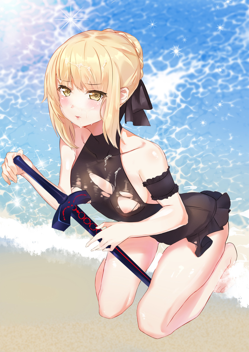 1girl, absurdres, arm_strap, artoria_pendragon_(fate), asura_(moepeach), bare_shoulders, beach, bikini