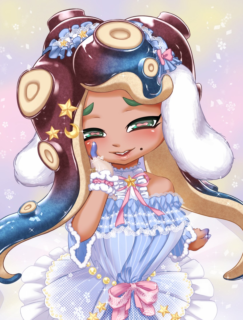 1girl, alternate_costume, animal_ears, arm_at_side, asymmetrical_hair, bare_shoulders, blue_hair, blue_skin