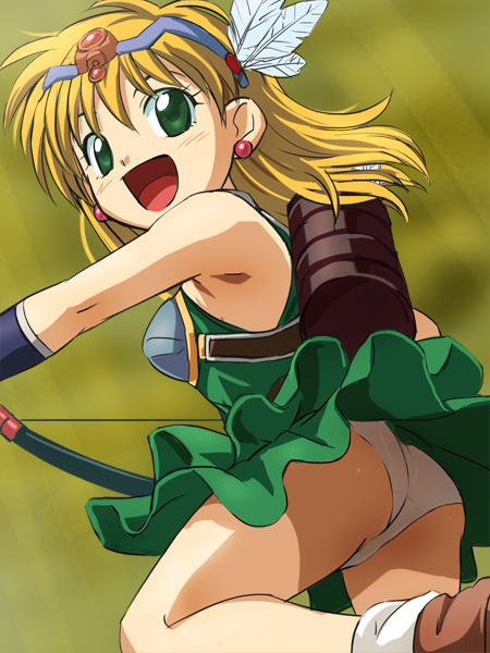 1girl, ass, blonde_hair, bow_(weapon), earrings, fanna_(villgust), female_focus, green_eyes, haruyama_kazunori, headdress, jewelry, kouryuu_densetsu_villgust, leg_up, long_hair, looking_at_viewer, open_mouth, panties, quiver, sleeveless, solo, underwear, weapon, white_panties