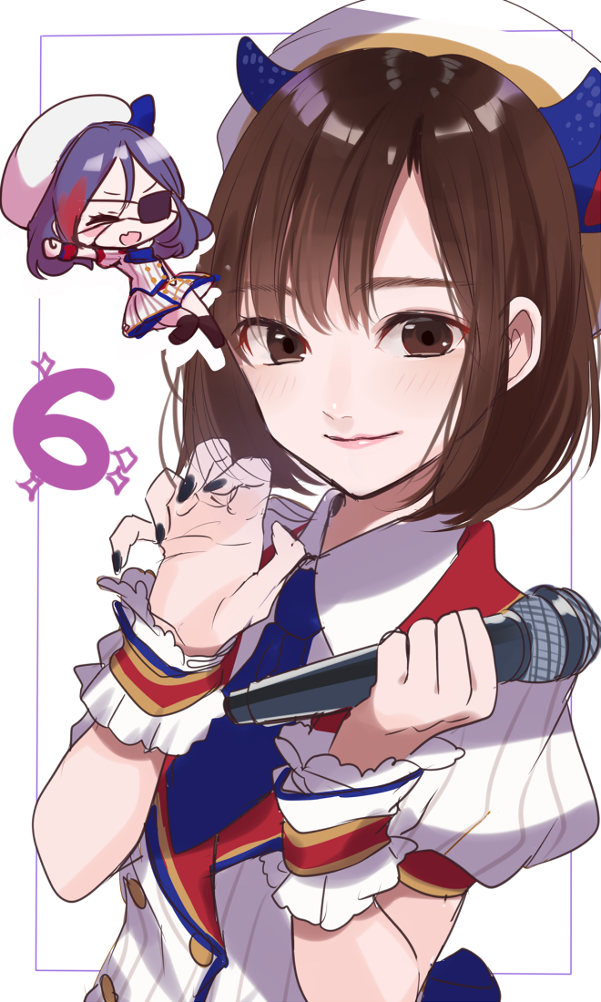 2girls, asai_ayaka, bad_id, bad_pixiv_id, blouse, blue_hair, blue_neckwear, brown_eyes, brown_hair, chibi, claw_pose, coat, hayasaka_mirei, holding, holding_microphone, idolmaster, idolmaster_cinderella_girls, looking_at_viewer, microphone, misumi_(macaroni), multiple_girls, necktie, puffy_short_sleeves, puffy_sleeves, shirt, short_hair, short_sleeves, smile, white_coat, white_shirt