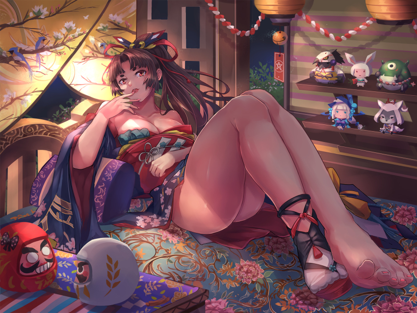 1girl, bare_shoulders, barefoot, bed, bell, breasts, brown_hair, character_doll, cleavage, doll, facial_mark, feet, female_focus, finger_to_mouth, floral_print, foreshortening, hair_intakes, hair_ribbon, highres, japanese_clothes, kimono, knees_up, lantern, large_breasts, legs_together, long_hair, looking_at_viewer, lying, night, obi, off_shoulder, on_back, onmyoji, onmyouji, open_mouth, paper_lantern, pentagram, ponytail, red_eyes, ribbon, sash, shoes, sidelocks, single_shoe, single_sock, socks, solo, tabi, toes, wide_sleeves, yougenko, youtouhime